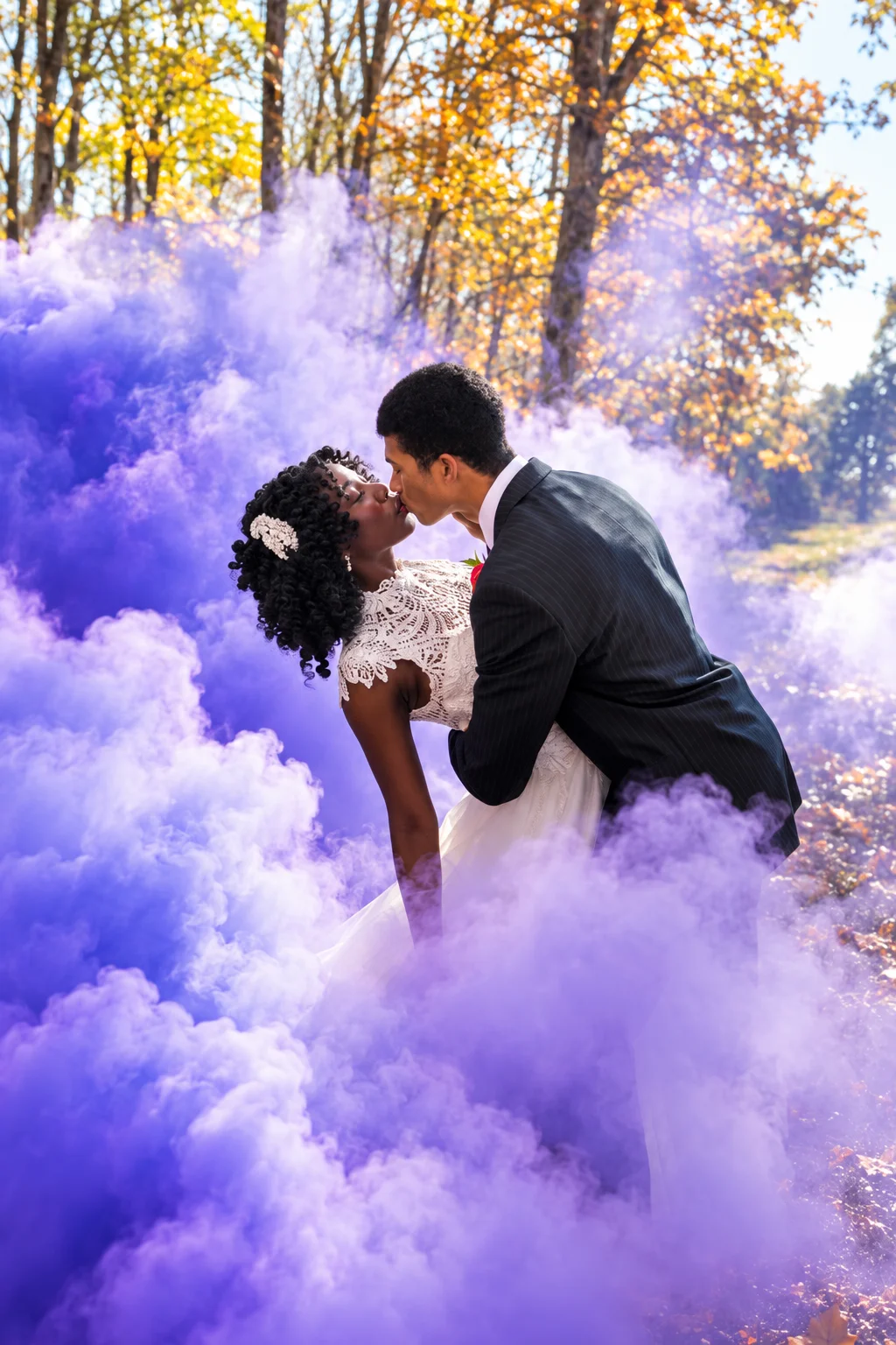 Wedding couple kissing amid purple smoke