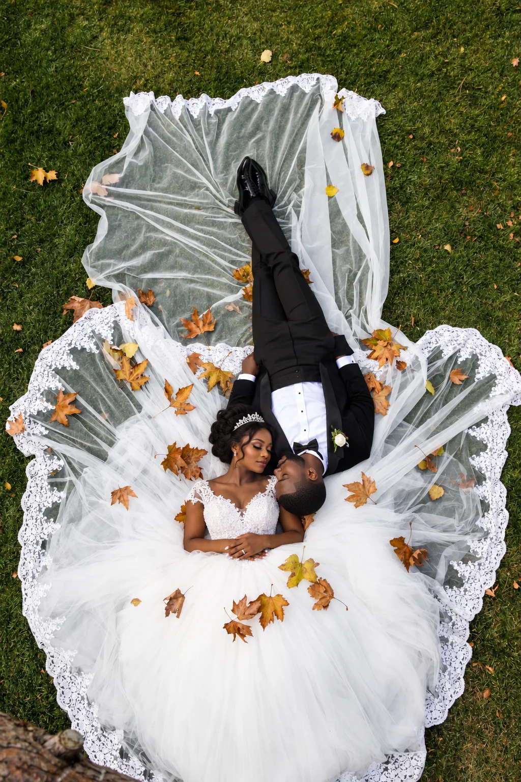 Overhead portrait of newlyweds on the grass