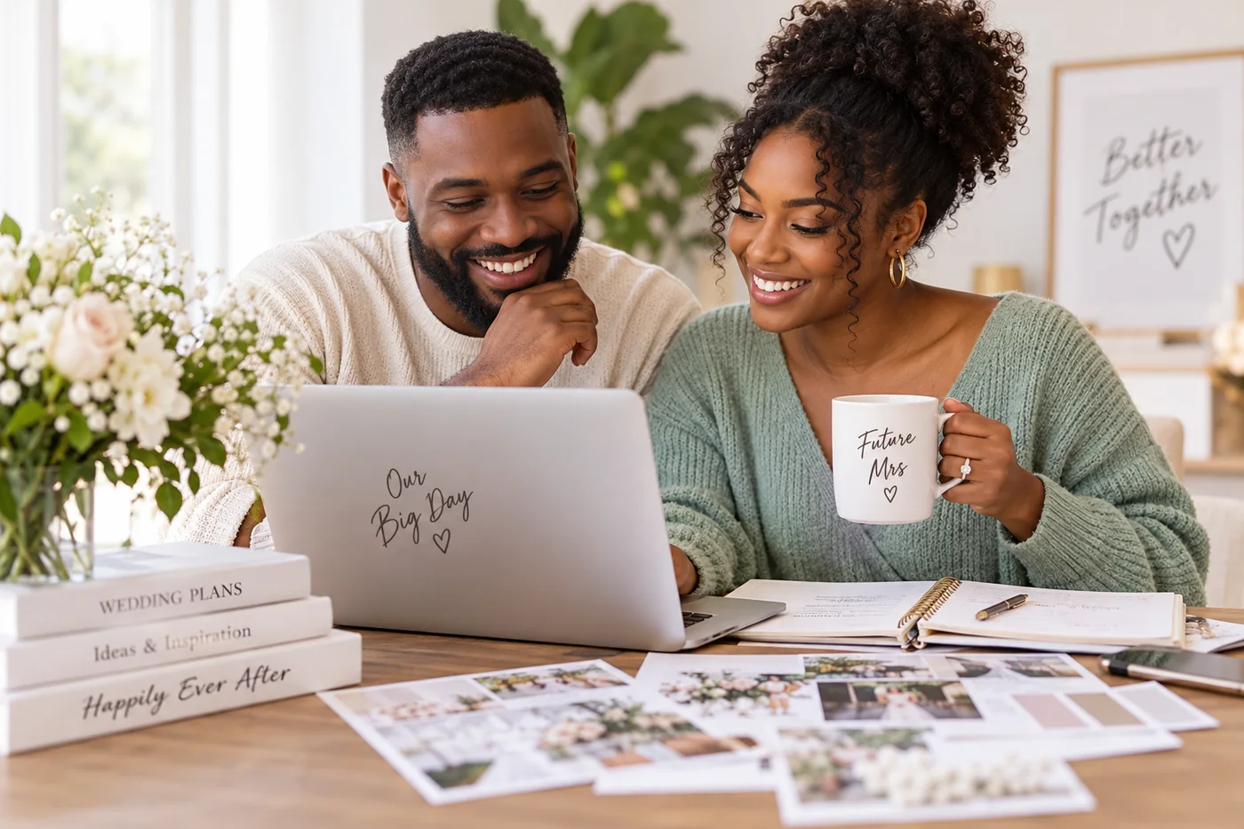 Engaged Black couple planning their wedding together at home